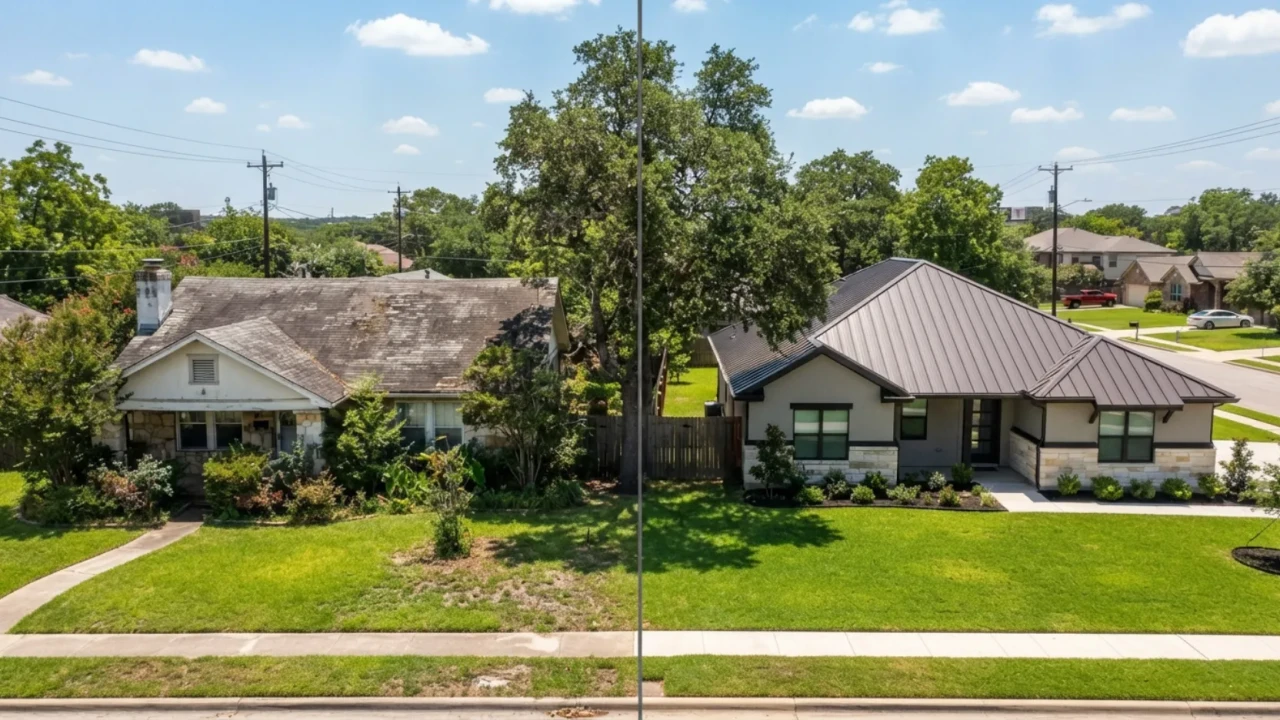 Side-by-side comparison of a worn asphalt shingle roof and a pristine metal roof in a San Antonio neighborhood