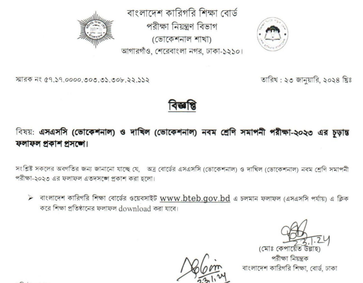 কারিগরি শিক্ষা বোর্ডের নবম শ্রেনির এসএসসি-দাখিল ফলাফল ২০২৪ 