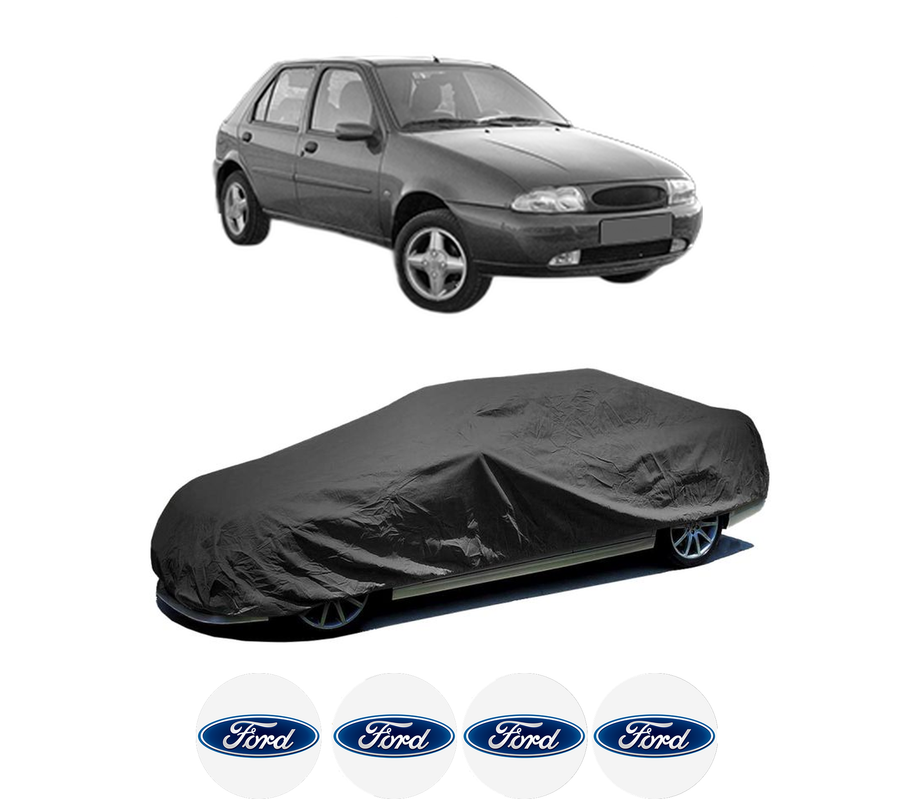 Husa tip prelata auto pentru FORD FIESTA Box Body/MPV (J5_, J3_) din 1996-2003, Culoare Negru, material textil impermeabil, rezistanta la intemperii praf UV, CARPASSION Husa Protectie, 4 Stickere auto cu FORD