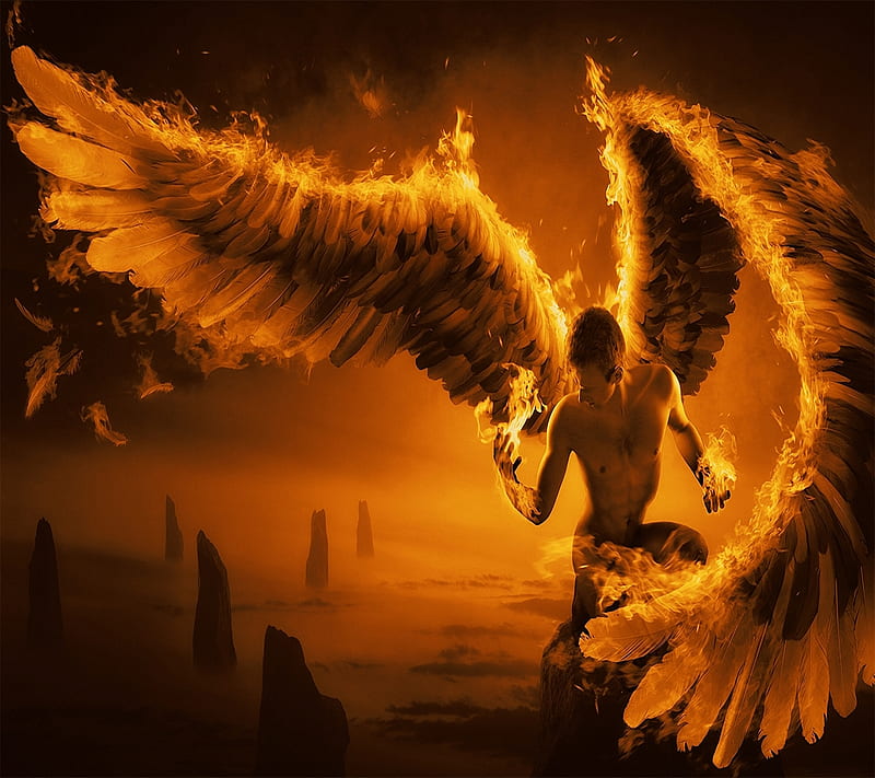 HD wallpaper fire angel burning fantasy man wings