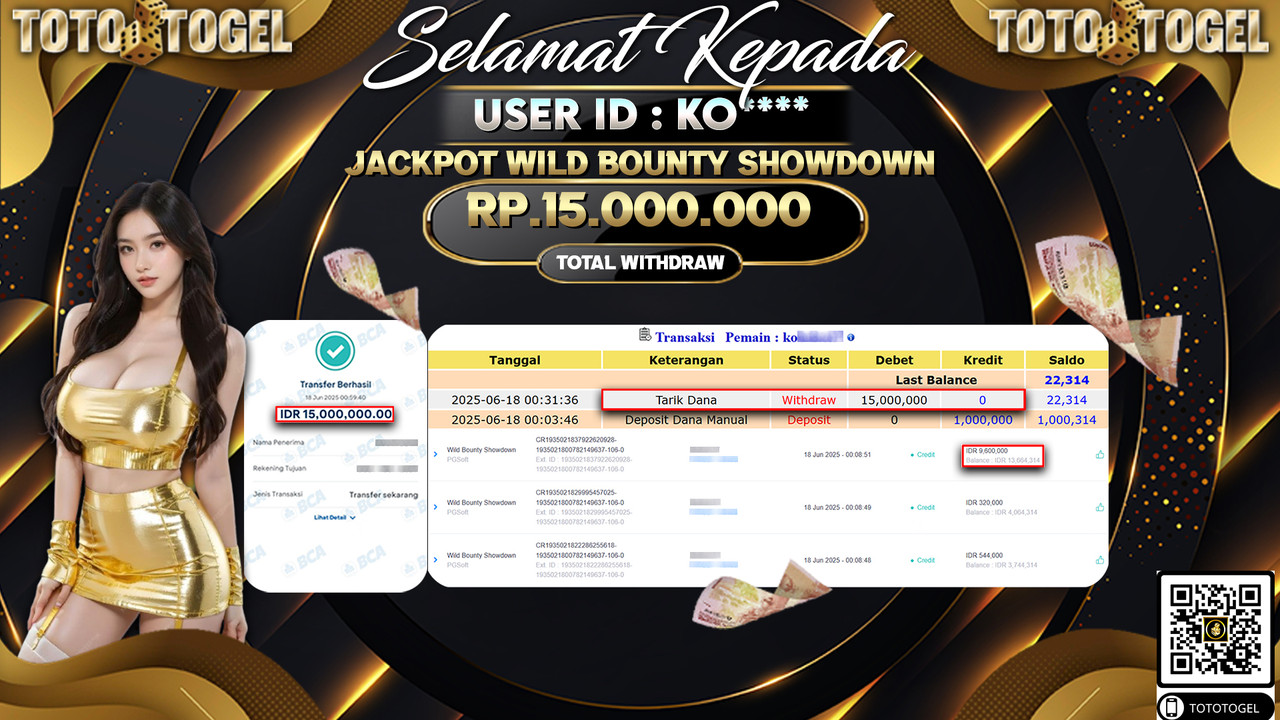 Bukti Pembayaran Jackpot Permainan Slot Wild Bounty Showdown ID:KO***** LUNAS