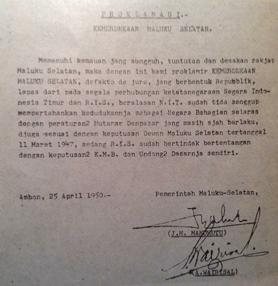 Tulisan ketik dari teks proklamasi Republik Maluku Selatan pada 25 April 1950