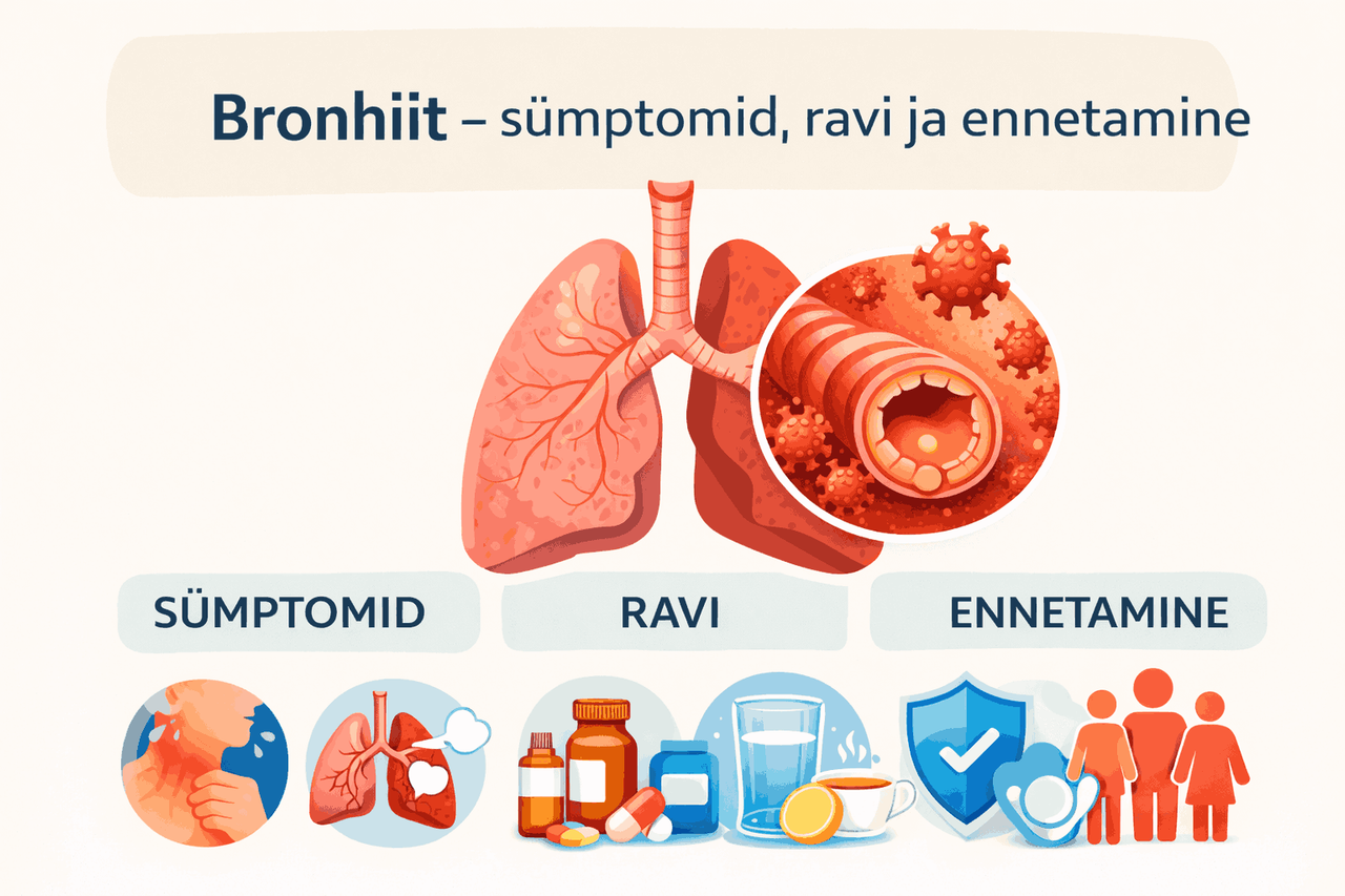 Bronhiiti käsitlev meditsiiniline infograafik, mis selgitab haiguse sümptomeid, ravi ja ennetamist lihtsate ikoonide ja kopsude illustratsiooni abil