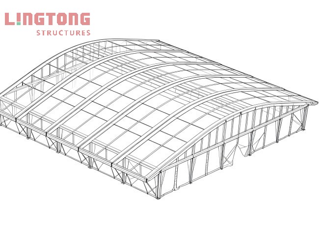 Equestrian tent with arched roof design providing clear span for horse riding