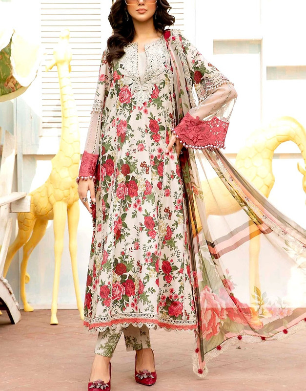 All-Over Print Embroidered EID Lawn Dress with Chiffon Dupatta