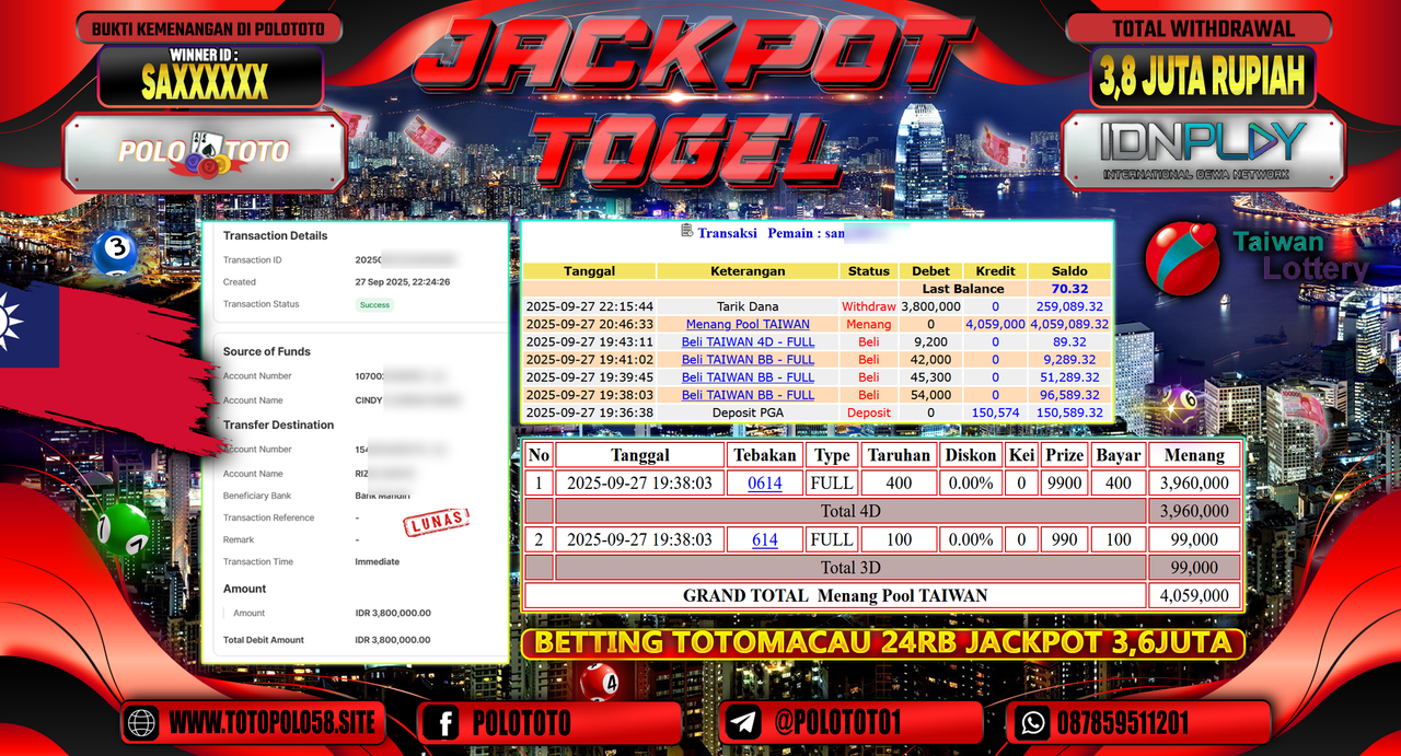 POLOTOTO JACKPOT TOGEL TAIWAN POOL Rp.3.800.000,- LUNAS