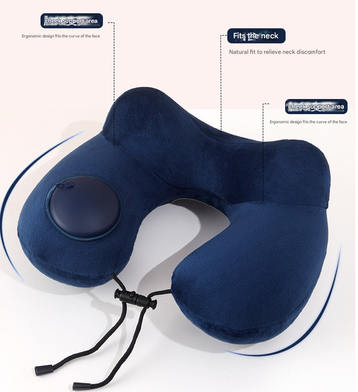 Pink Press-to-Inflate Travel Neck Pillow - Ergonomic U-Shaped Cushion for Airplane and Car