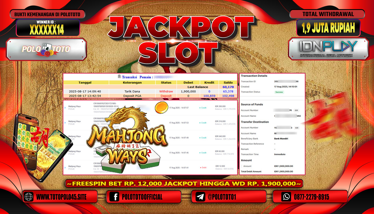 POLOTOTO JACKPOT SLOT MAHJONG WAYS Rp.1.900.000,- LUNAS