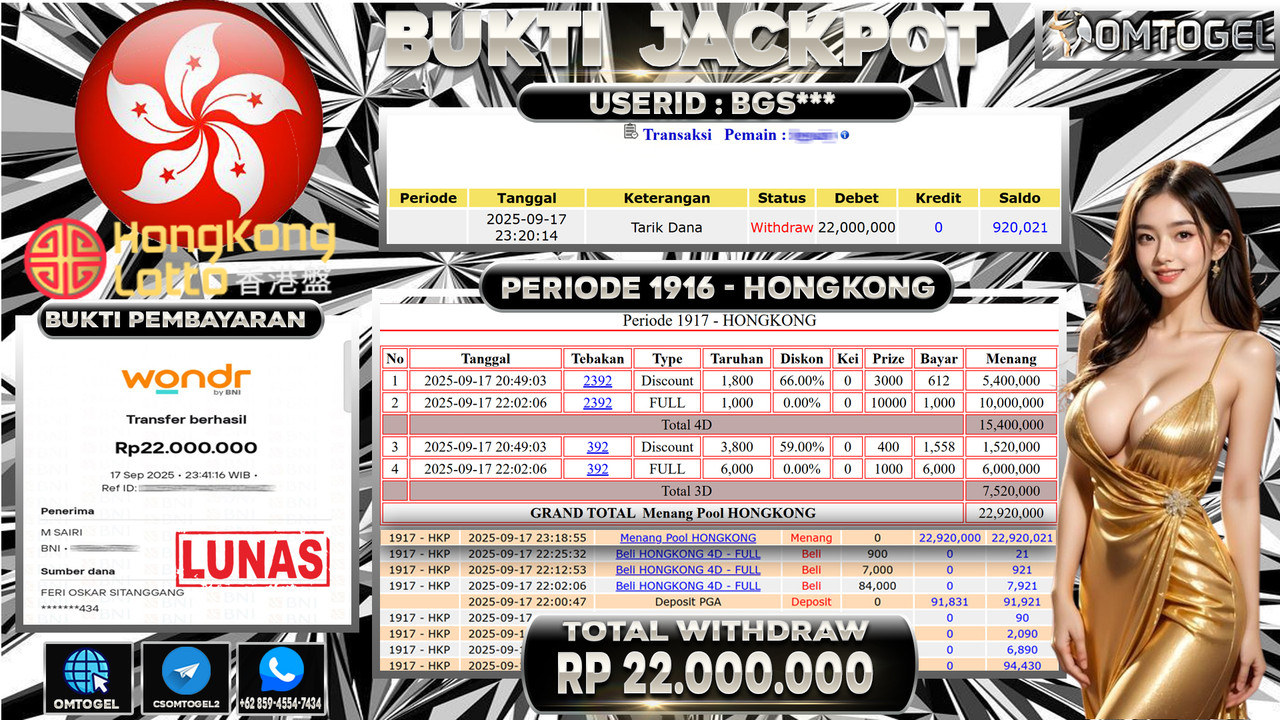 OMTOGEL JACKPOT HONGKONG 4D 3D 22 JUTA DI BAYAR LUNAS ,-