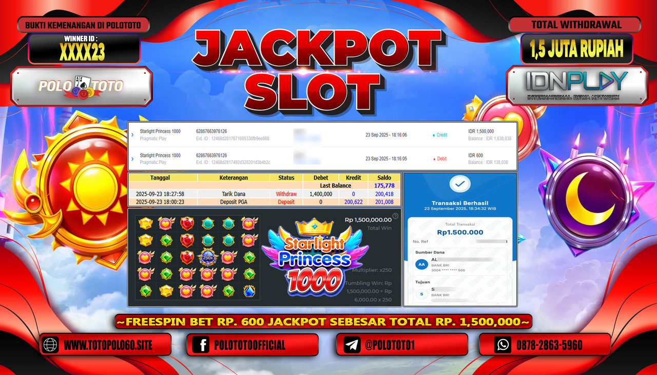 POLOTOTO JACKPOT SLOT STARLIGHT PRINCESS 1000 Rp.1.500.000,- LUNAS