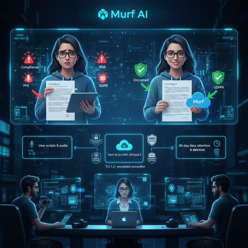 Infographic diagram showing Murf AI encryption and AWS architecture
