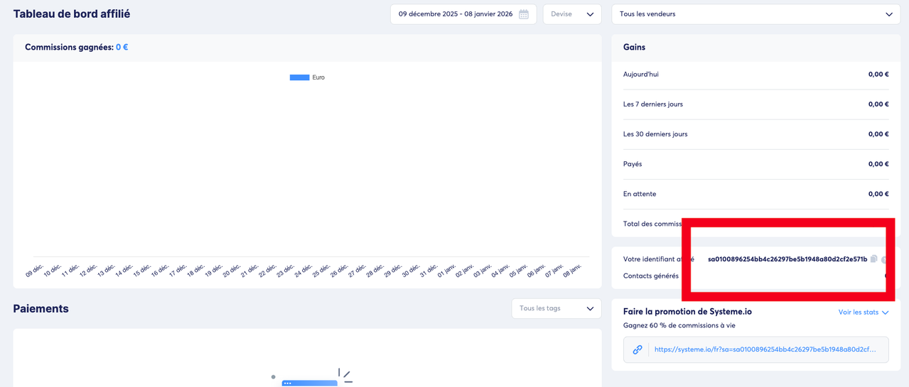 Tableau de bord affilié Systeme.io