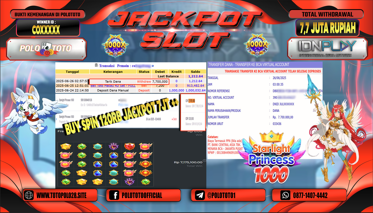 POLOTOTO JACKPOT SLOT STARLIGHT PRINCESS 1000 Rp.7.700.000,-