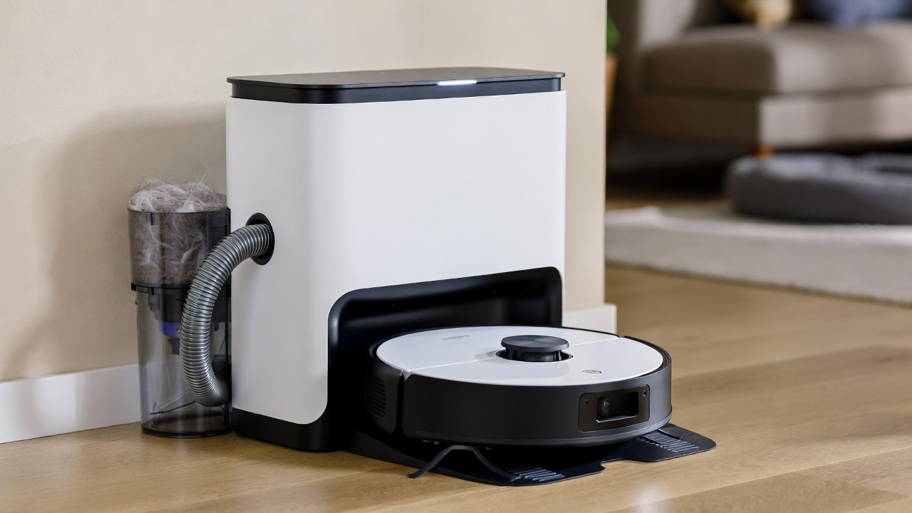 Self-emptying base station showing how robot vacuums dispose of pet hair debris automatically