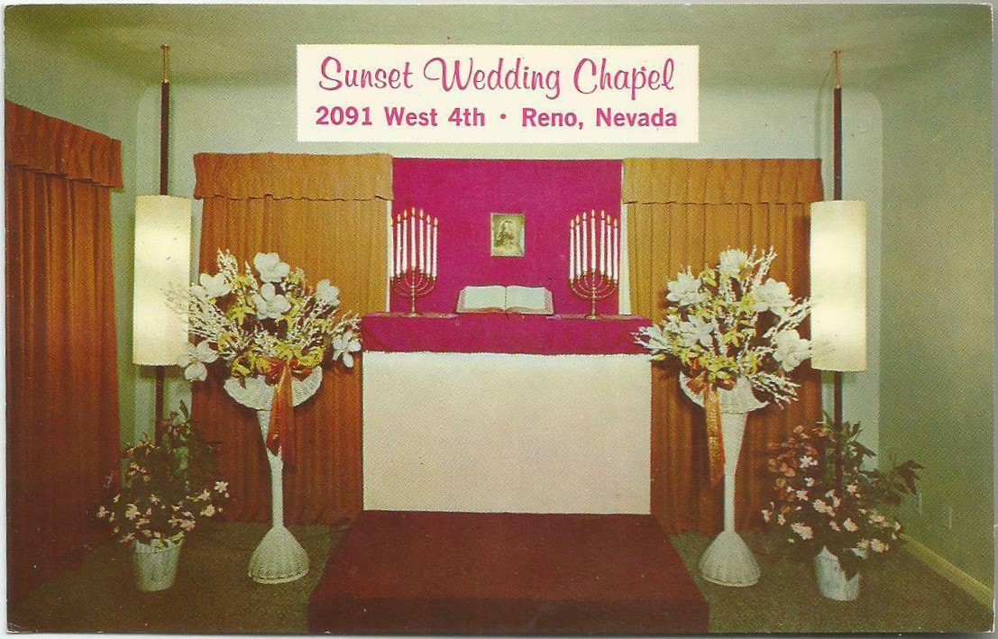 A postcard of the interior of Sunset Wedding Chapel in Reno, Nevada