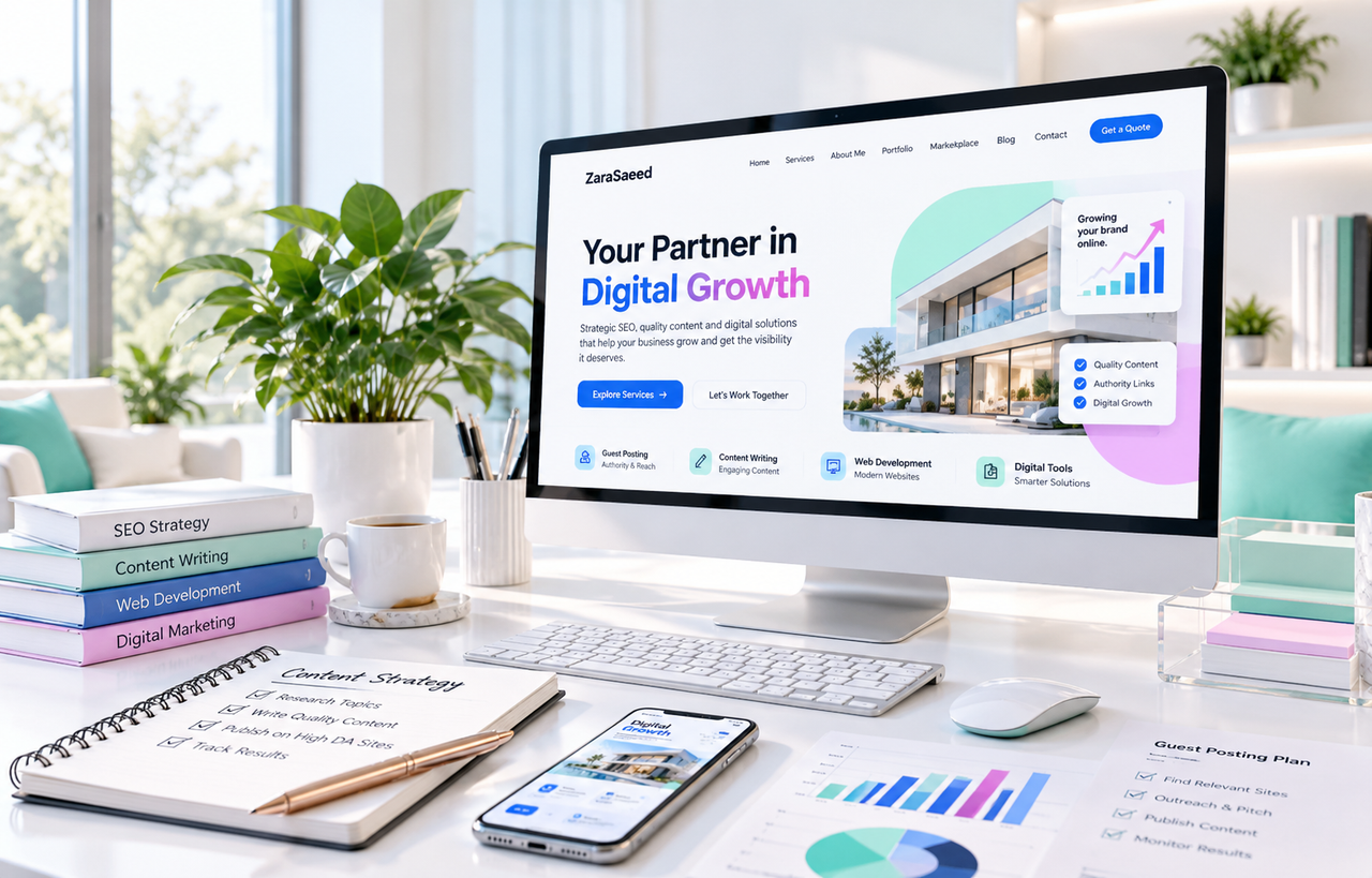 Bright digital growth workspace featuring website development and SEO content planning