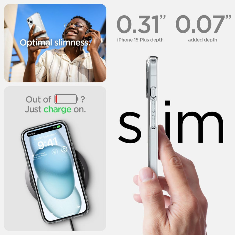 El forro Spigen Crystal Hybrid mostrando su anillo MagSafe integrado.