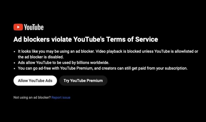 YouTube comienza a prohibir la reproducción de videos con bloqueadores de publicidad activados Aviso-youtube