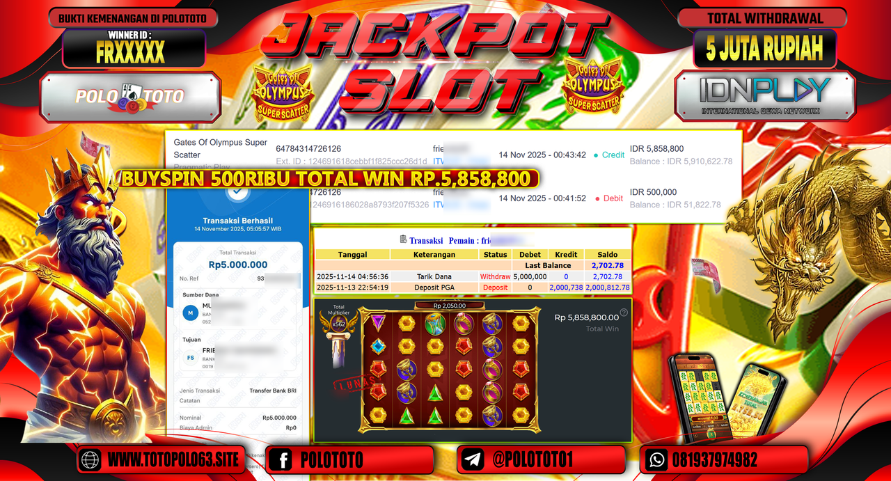 POLOTOTO JACKPOT SLOT GATES OF OLYMPUS SUPER SCATTER Rp.5.000.000,- LUNAS