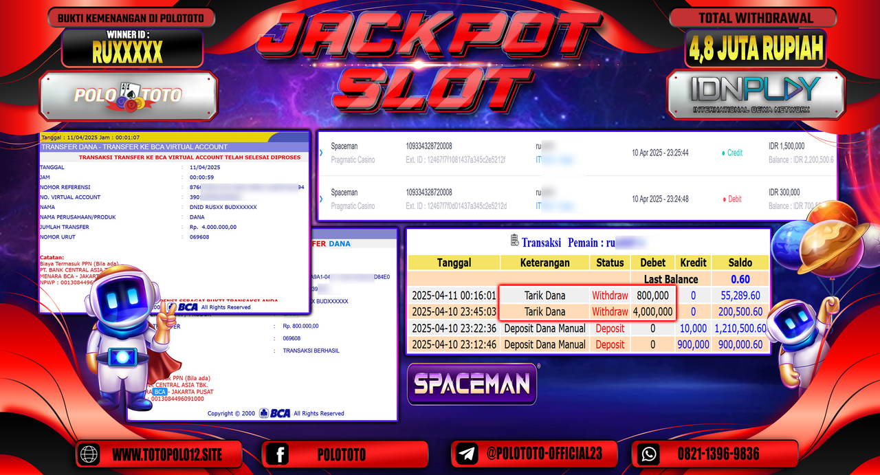 POLOTOTO JACKPOT SLOT SPACEMAN Rp.4.800.000,- LUNAS