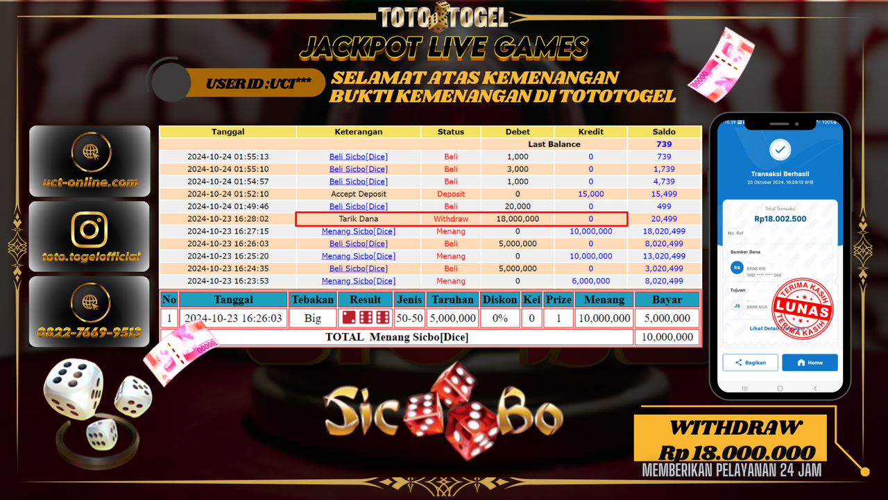 Bukti Pembayaran Permainan Jackpot Live Games Sicbo [Dice] ID : UCI*** LUNAS