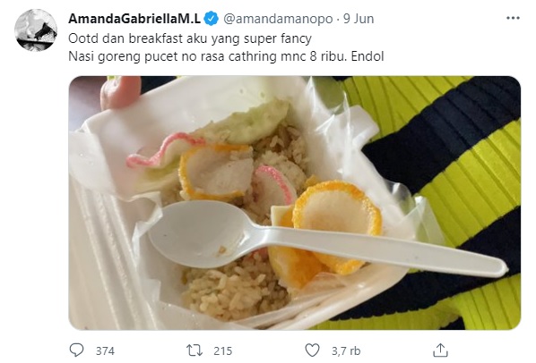 Nasi goreng yang jadi menu sarapan Amanda Manopo.