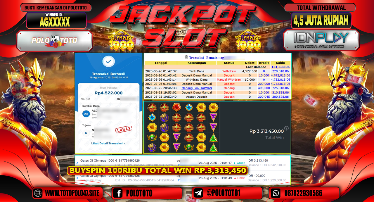 POLOTOTO JACKPOT SLOT GATES OF OLYMPUS 1000 Rp.4.522.000,-