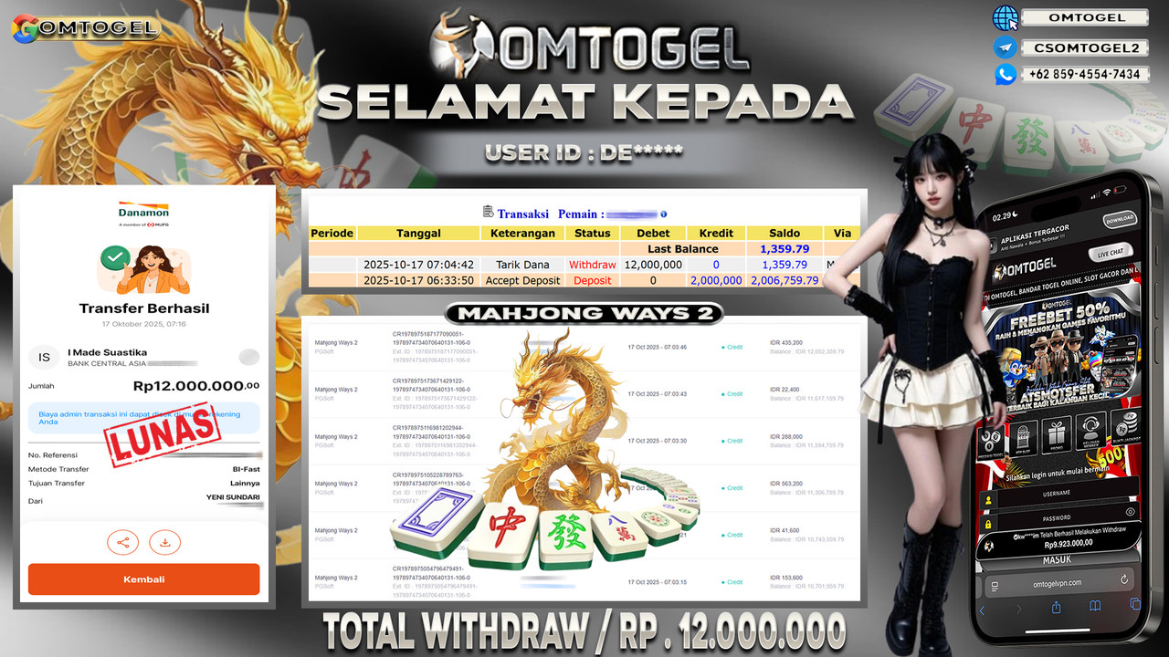 OMTOGEL JACKPOT PGSOFT MAHJONG WAYS 2 12 JUTA DI BAYAR LUNAS ,-