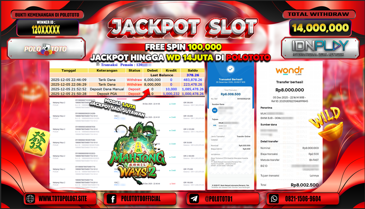 POLOTOTO JACKPOT SLOT MAHJONG WAYS 2 Rp.14.000.000,- LUNAS
