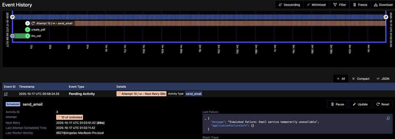 Web UI showing activity retrying after failure