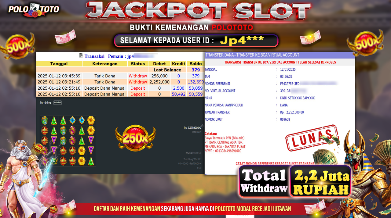 POLOTOTO JACKPOT SLOT GATES OF OLYMPUS 1000 Rp.2,252.000,-