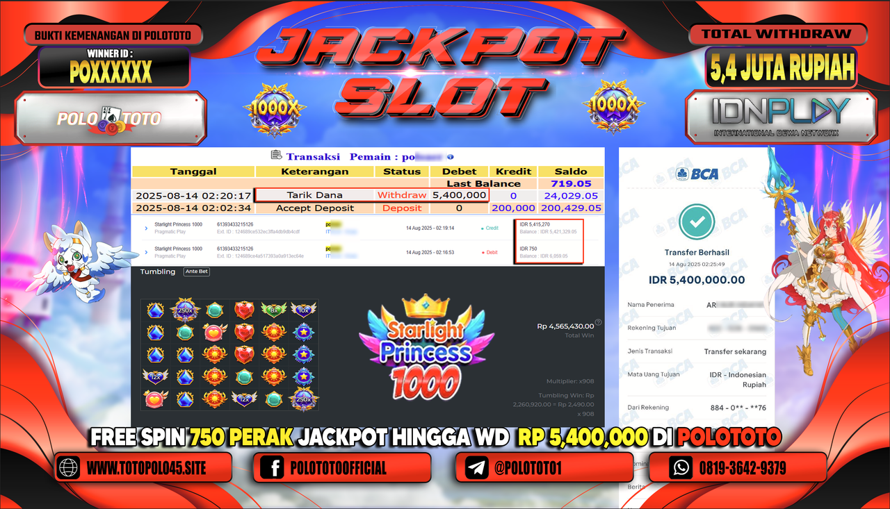 POLOTOTO JACKPOT SLOT STARLIGHT PRINCESS 1000 Rp.5.400.000,-LUNAS