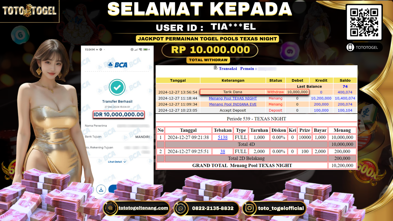 Bukti Pembayaran Jackpot  Permainan Togel Pools Texas Night : TIA***EL LUNAS