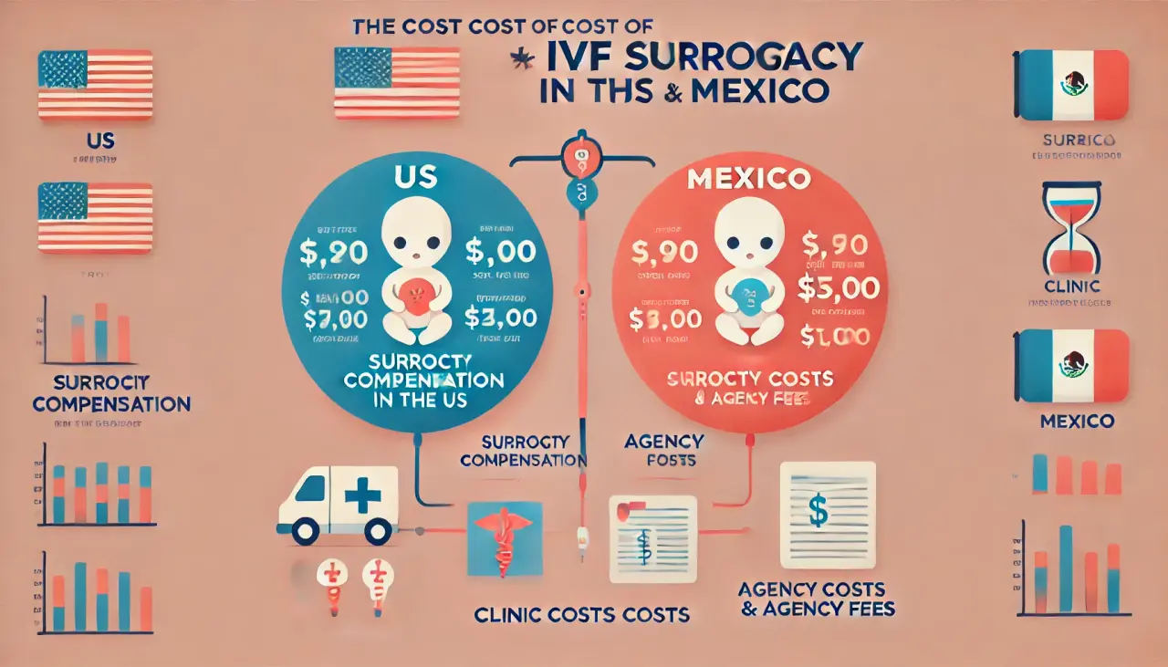 Cost comparison infographic for IVF surrogacy in the US and Mexico, showing the price differences and key factors like surrogate compensation and clinic costs.