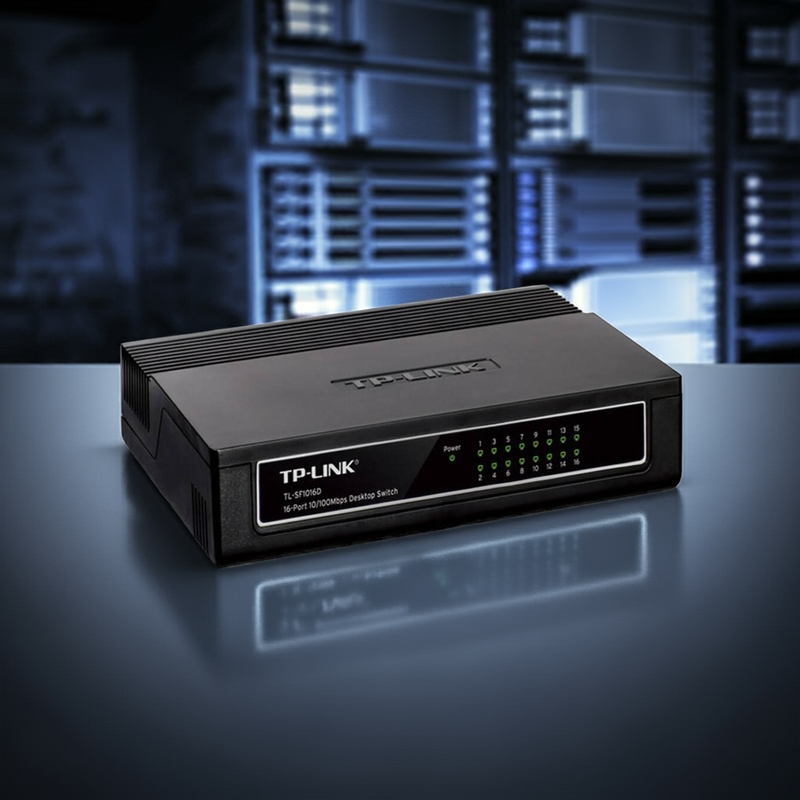 Detalhe dos LEDs indicadores de status do Switch TP-Link TL-SF1016D.