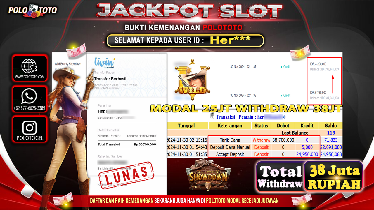 POLOTOTO JACKPOT SLOT WILD BOUNTY SHOWDOWN Rp.38,700.000,-