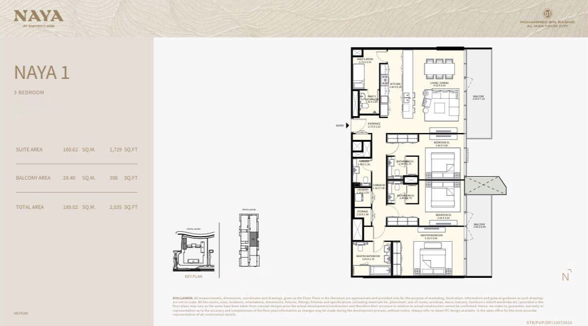 Detailed 3-BR plus maid’s apartment keyplan layout for NAYA 1 showing room configuration, balcony placement, and internal space distribution for a lagoon facing unit presented as a Distress Deal in NAYA 1