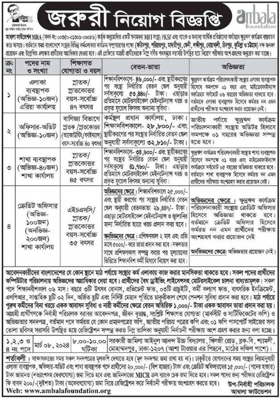 আম্বালা ফাউন্ডেশন নিয়োগ বিজ্ঞপ্তি ২০২৪ | ambala foundation job circular 2024