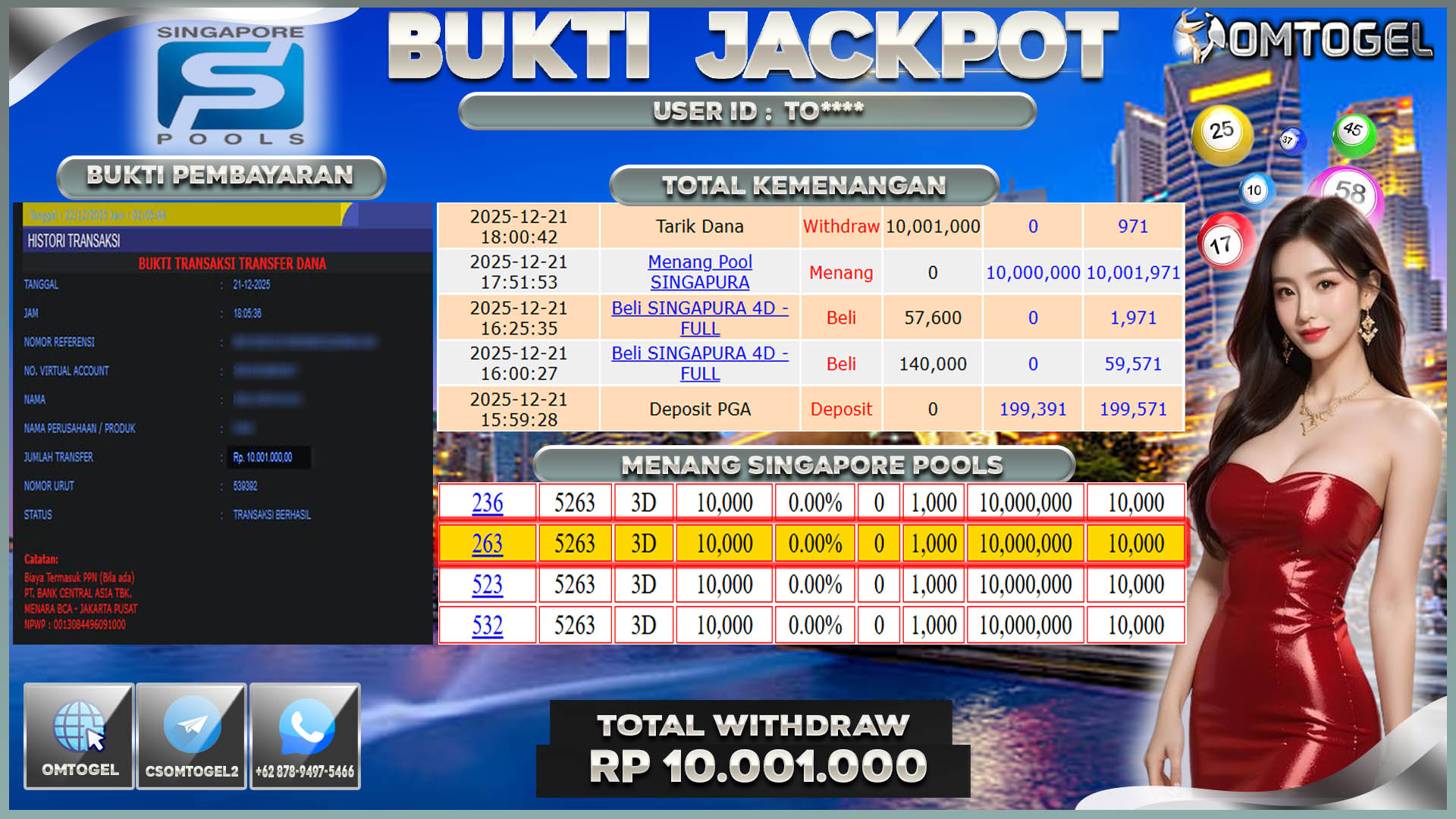 OMTOGEL JACKPOT TOGEL SINGAPORE WIN 3D ,10 JUTA DI BAYAR LUNAS ,-