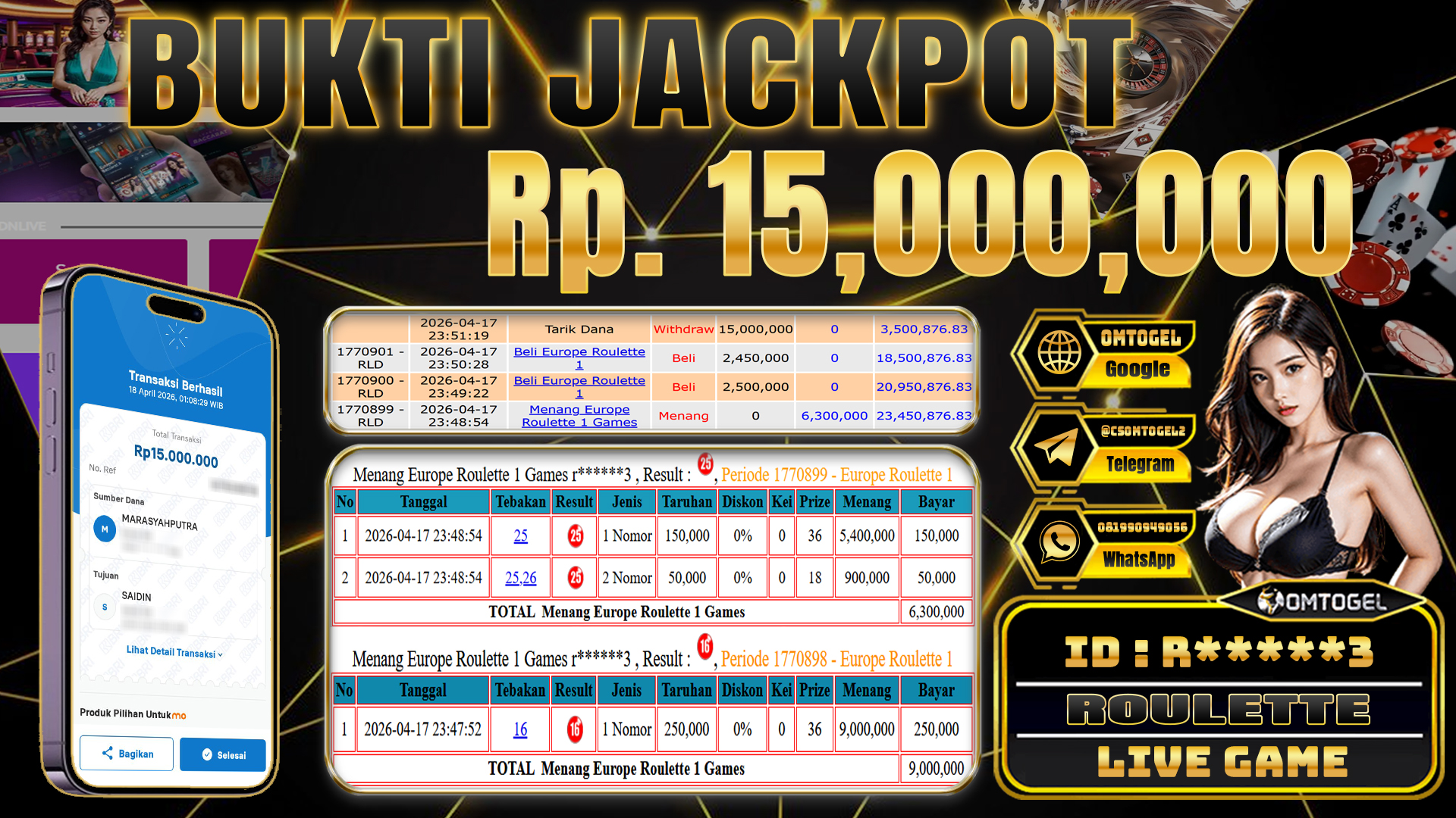 OMTOGEL JACKPOT LIVE GAMES EUROPE ROULETTE 1 GAMES ,15 JUTA DI BAYAR LUNAS ,-