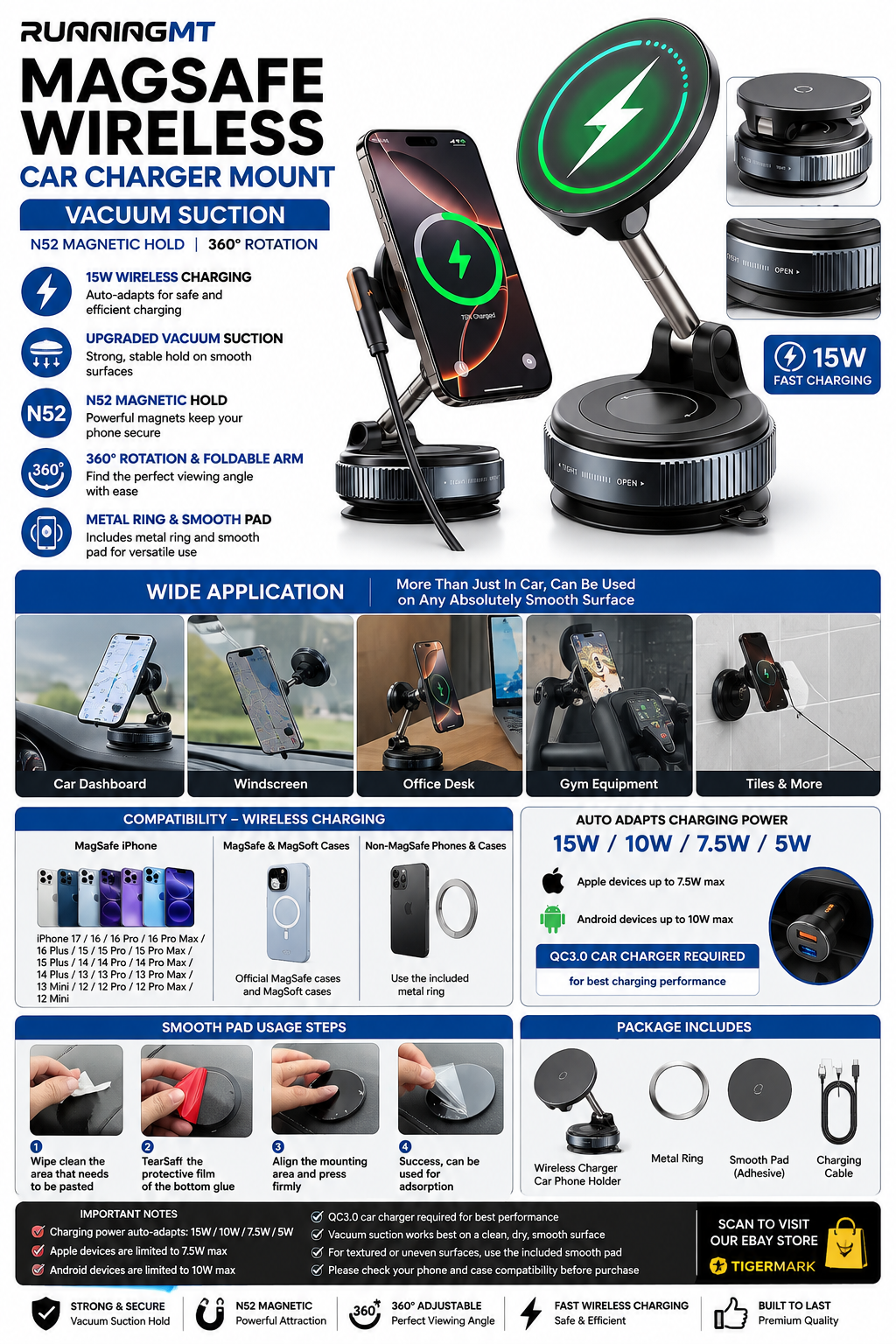 RUNNINGMT MagSafe wireless car charger mount with vacuum suction and 360° adjustment
