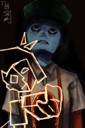 A digital painting of ENA from ENA: Dream BBQ, where she is in the form that she appears in when she reaches the Bathroom.