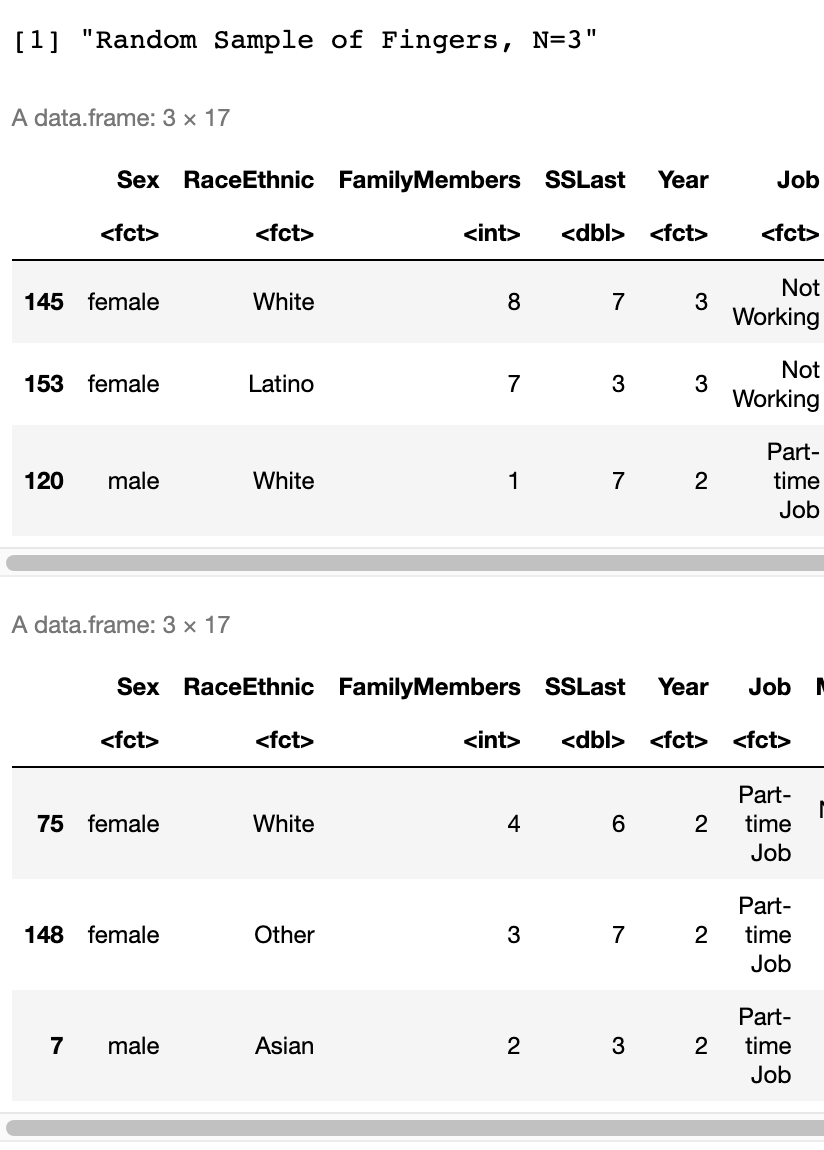 Output of sampled rows from the Fingers data frame for N equals three.