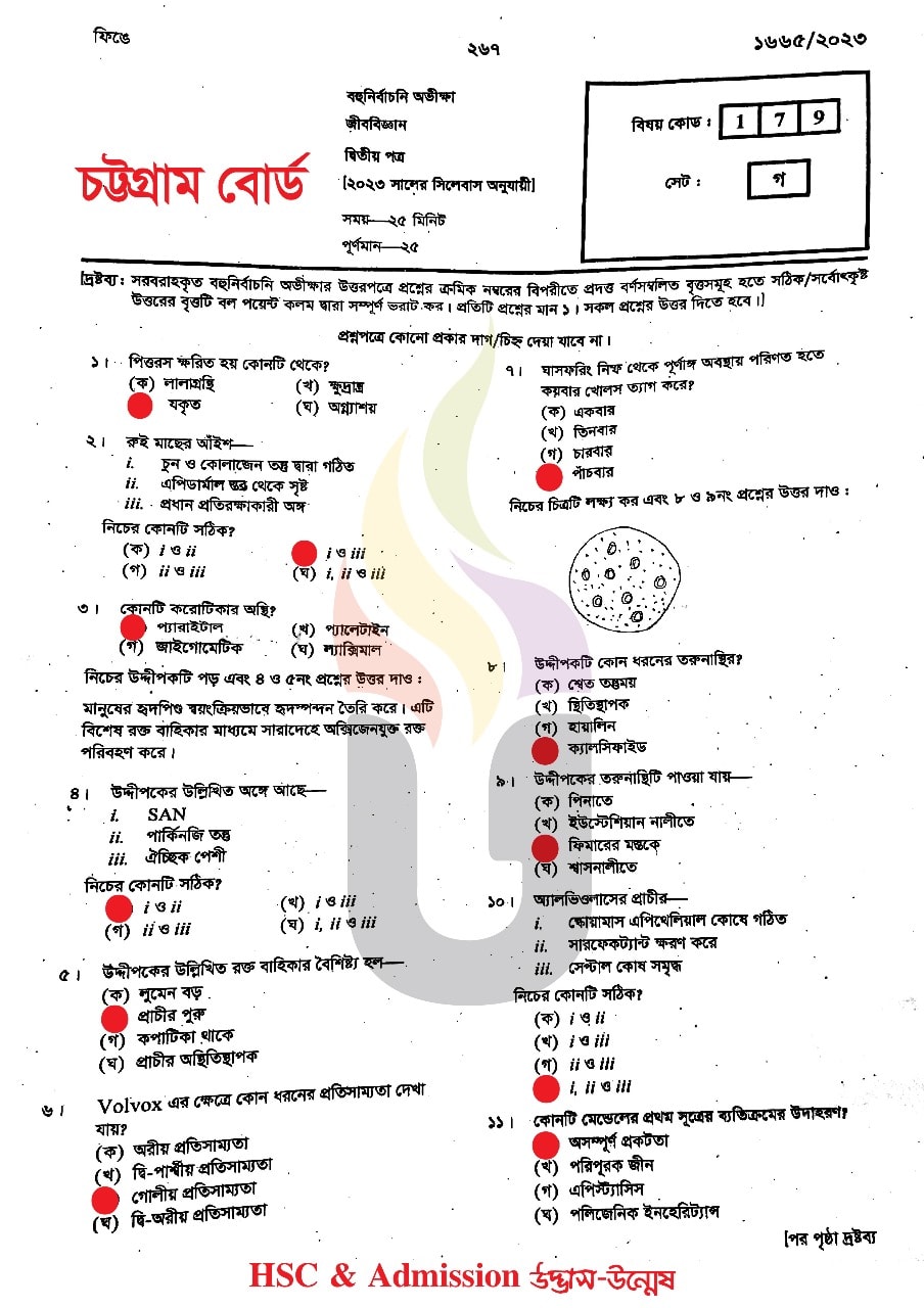 চট্টগ্রাম বোর্ড এইচএসসি জীববিজ্ঞান ২য় পত্র প্রশ্ন সমাধান ২০২৩