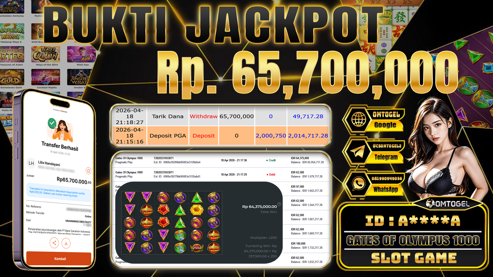 OMTOGEL JACKPOT PRAGMATIC PLAY GATES OF OLYMPUS 1000,65 JUTA DI BAYAR LUNAS ,-