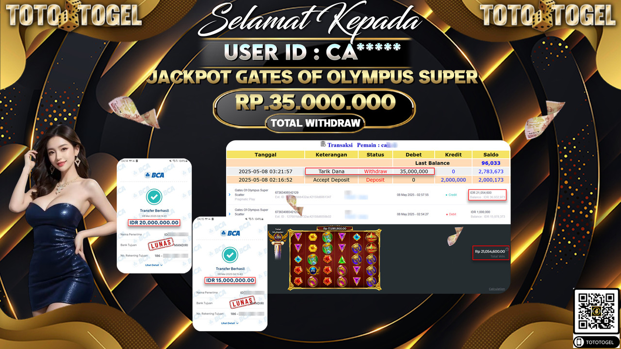 Bukti Pembayaran Jackpot  Permainan Slot Gates Of Olympus Super ID:CA***** LUNAS