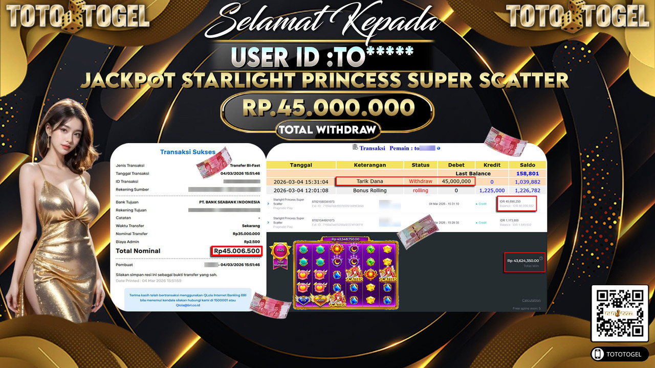 Bukti Pembayaran Jackpot Permainan Slot Starlight Princess Super Scatter ID:TO*****LUNAS