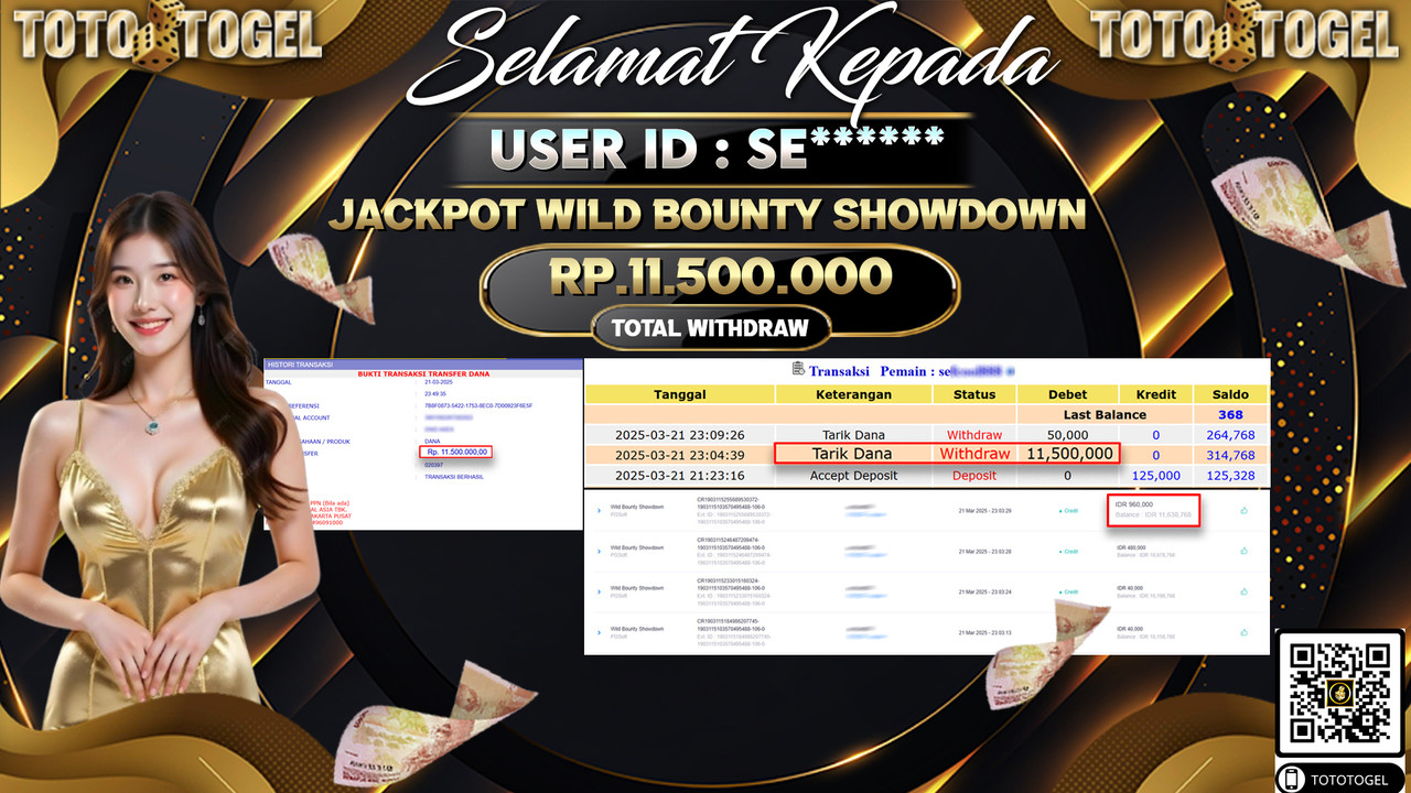 Bukti Pembayaran Jackpot  Permainan Slot Wild Bounty Showdown ID:SE**** LUNAS