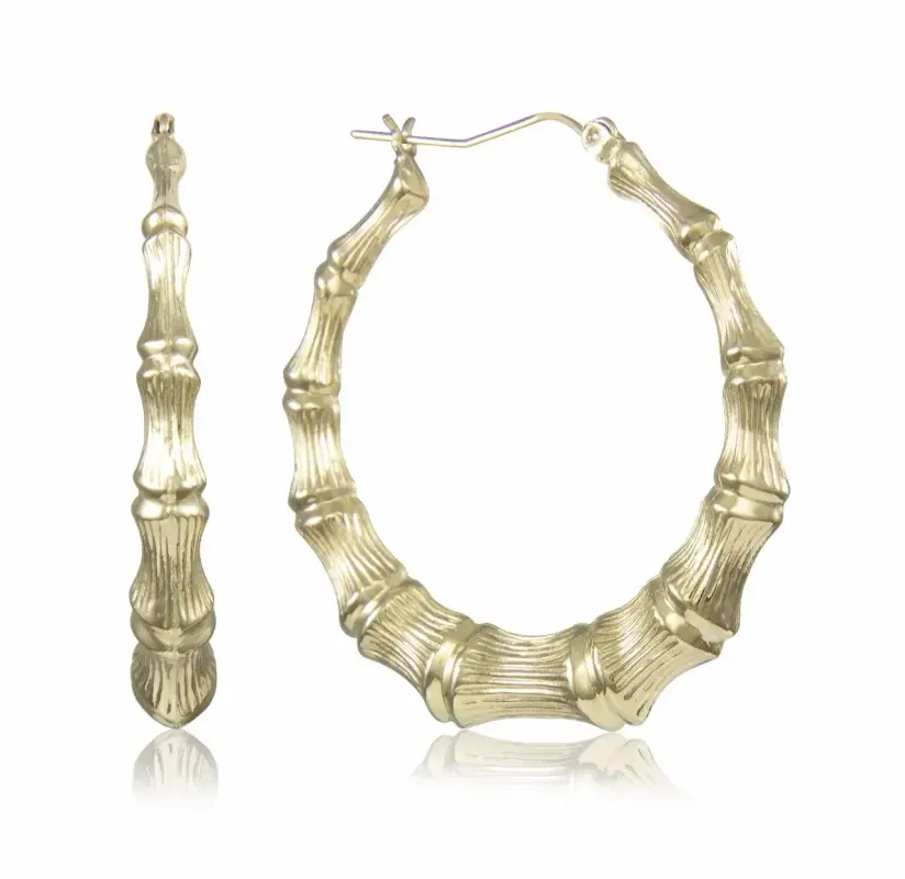 10K Yellow Gold Round Bamboo Hoop Earrings
