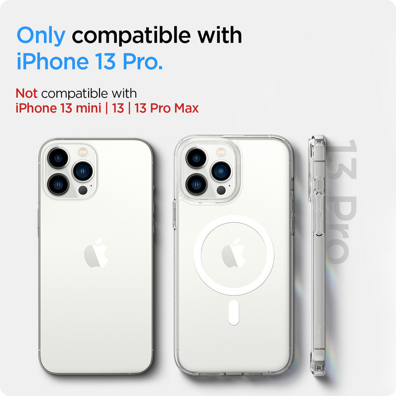 Forro Spigen Ultra Hybrid Mag en un iPhone 13 Pro, mostrando su transparencia y protección.